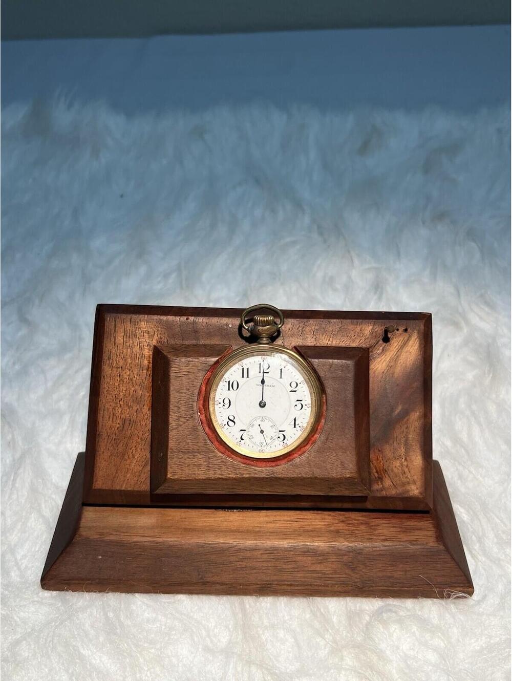 Vintage Model 7227786 Waltham pocket watch On wooden stand *Still Works*